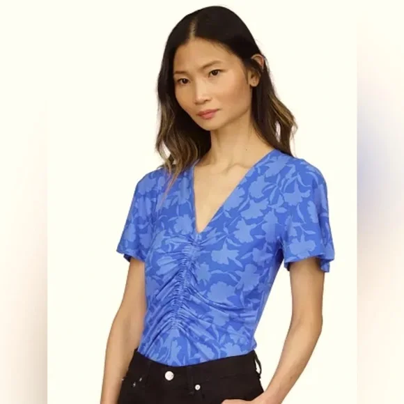 NWT [MICHAEL Michael Kors] Printed Ruched Top in Grecian Blue Women’s Petite XS - Picture 3 of 13